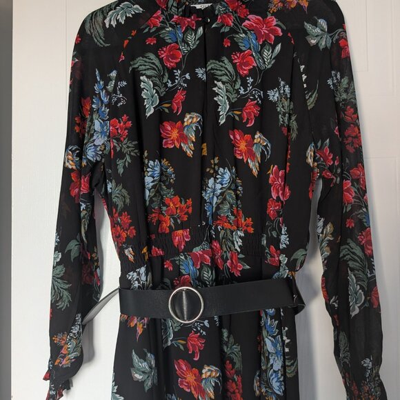 Black Floral Mock Neck Long Sleeve Maxi Dress with Belt - Picture 3 of 4